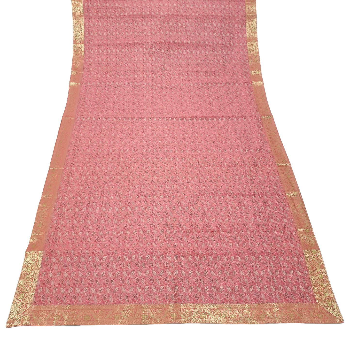 88" x 48" Banarasi Dining Table Top Cover Indian Pink Silk Woven Paisley Cloth