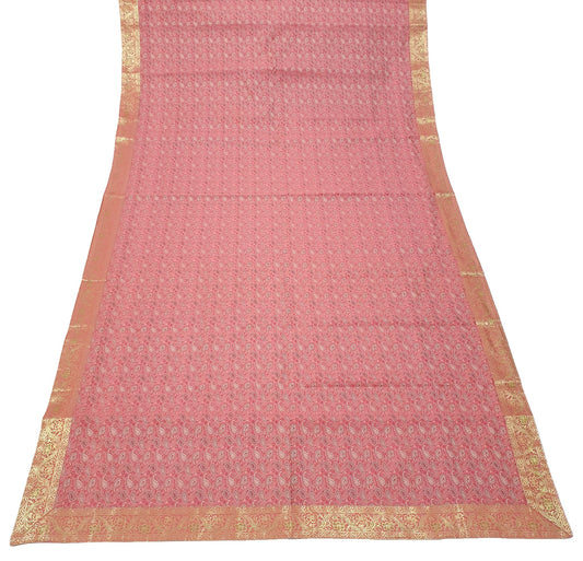 88" x 48" Banarasi Dining Table Top Cover Indian Pink Silk Woven Paisley Cloth