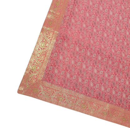88" x 48" Banarasi Dining Table Top Cover Indian Pink Silk Woven Paisley Cloth