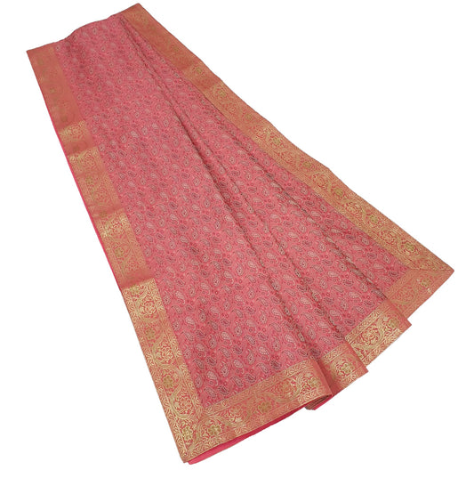 88" x 48" Banarasi Dining Table Top Cover Indian Pink Silk Woven Paisley Cloth