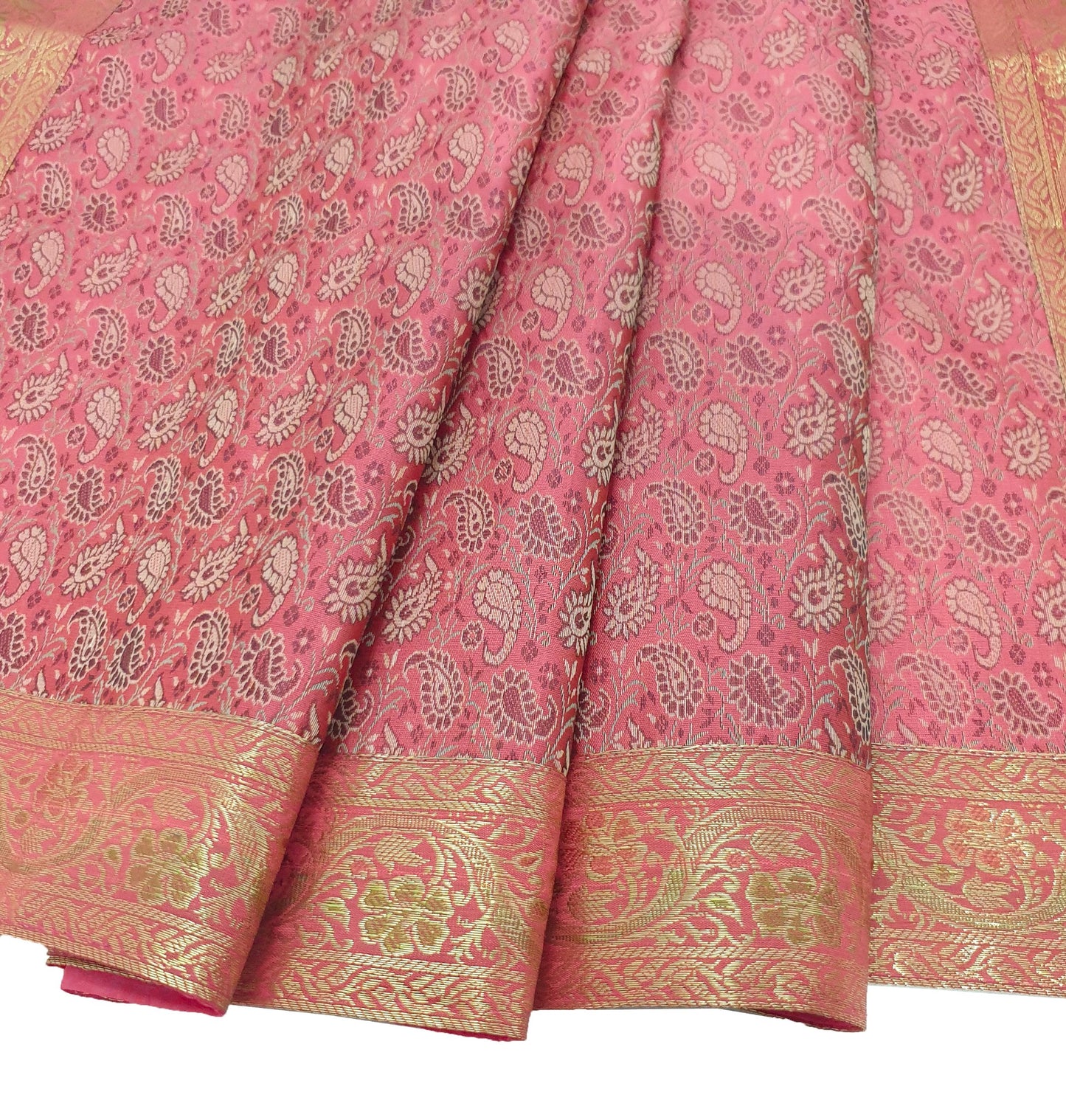 88" x 48" Banarasi Dining Table Top Cover Indian Pink Silk Woven Paisley Cloth