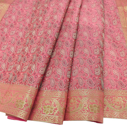 88" x 48" Banarasi Dining Table Top Cover Indian Pink Silk Woven Paisley Cloth