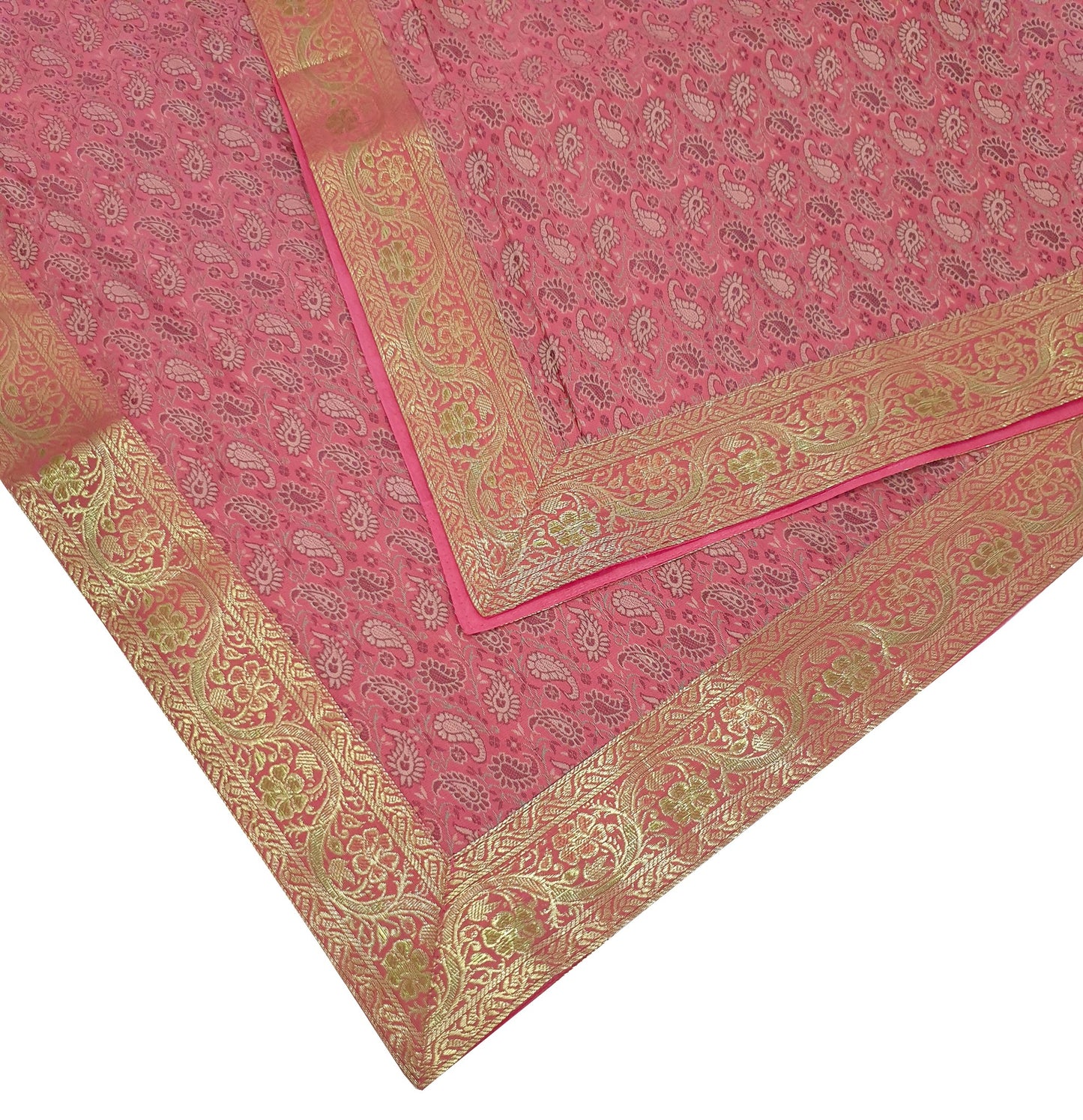 88" x 48" Banarasi Dining Table Top Cover Indian Pink Silk Woven Paisley Cloth