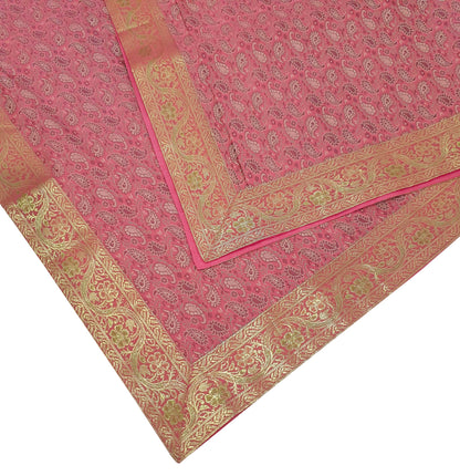 88" x 48" Banarasi Dining Table Top Cover Indian Pink Silk Woven Paisley Cloth
