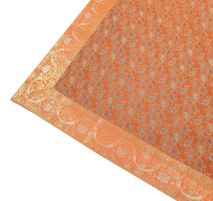 90"x48" Banarasi Dining Table Top Cover Indian Orange Silk Woven Paisley Cloth