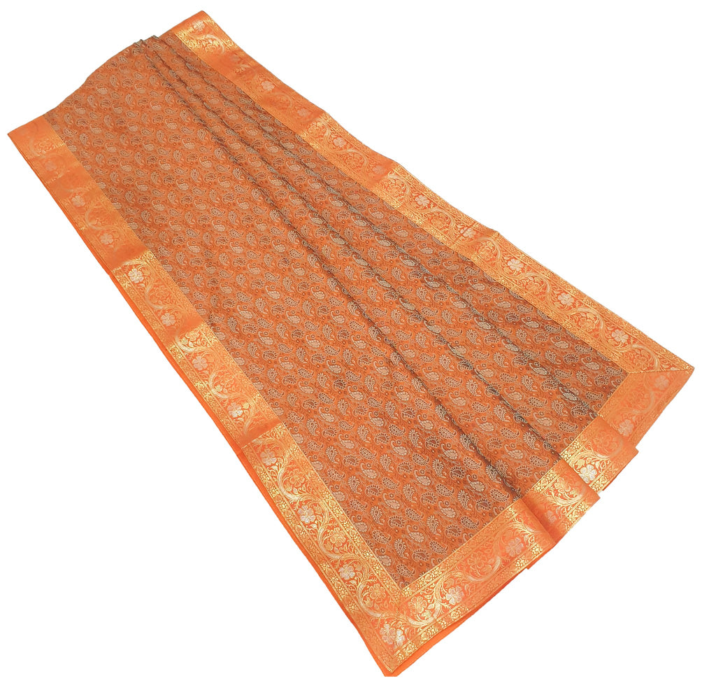 90"x48" Banarasi Dining Table Top Cover Indian Orange Silk Woven Paisley Cloth