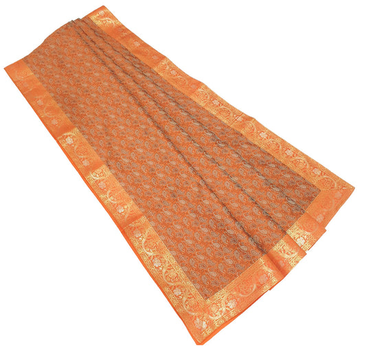 90"x48" Banarasi Dining Table Top Cover Indian Orange Silk Woven Paisley Cloth
