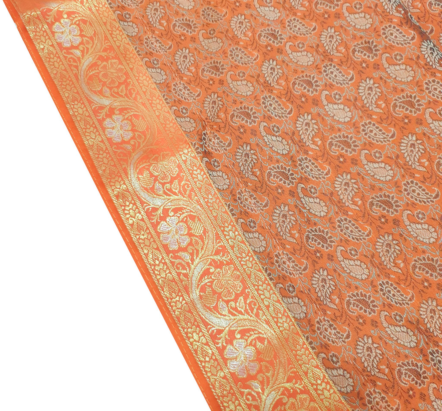90"x48" Banarasi Dining Table Top Cover Indian Orange Silk Woven Paisley Cloth