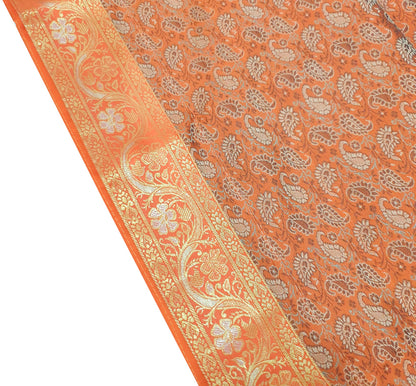 90"x48" Banarasi Dining Table Top Cover Indian Orange Silk Woven Paisley Cloth