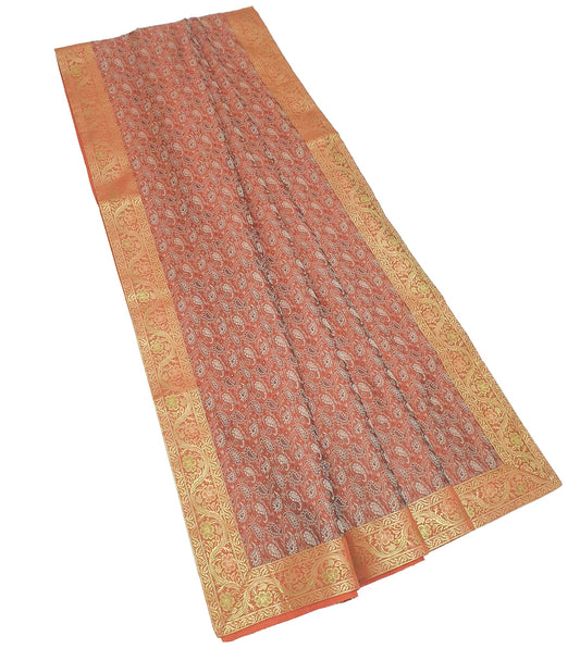 88"x48" Dining Table Top Cover Indian Banarasi Silk Woven Paisley Rust Cloth