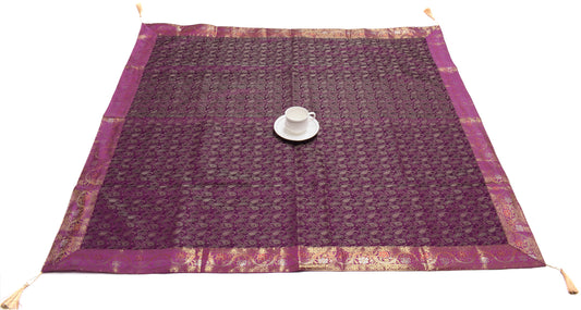 48 Inch Square Table Top Cover Purple Woven Zari Border Silk Brocade Cloth