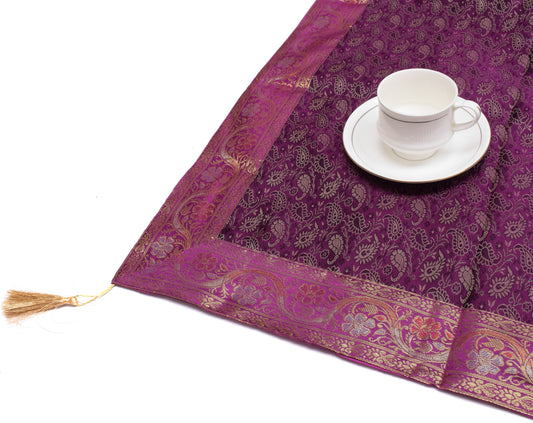 48 Inch Square Table Top Cover Purple Woven Zari Border Silk Brocade Cloth