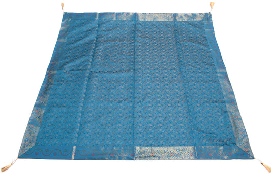 48 Inch Square Table Top Cover Blue Woven Zari Border Silk Brocade Cloth