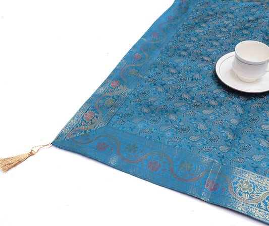 48 Inch Square Table Top Cover Blue Woven Zari Border Silk Brocade Cloth