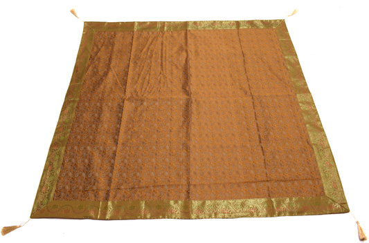 48 Inch Square Table Top Cover Mustard Woven Zari Border Silk Brocade Cloth