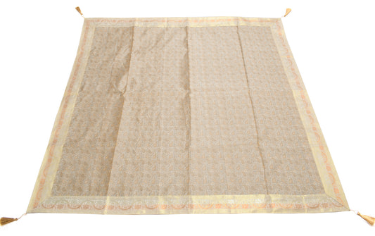 48 Inch Square Table Top Cover Cream Woven Zari Border Silk Brocade Cloth