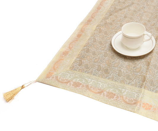 48 Inch Square Table Top Cover Cream Woven Zari Border Silk Brocade Cloth