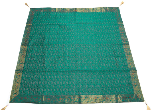 48 Inch Square Table Top Cover Teal Green Woven Zari Border Silk Brocade Cloth