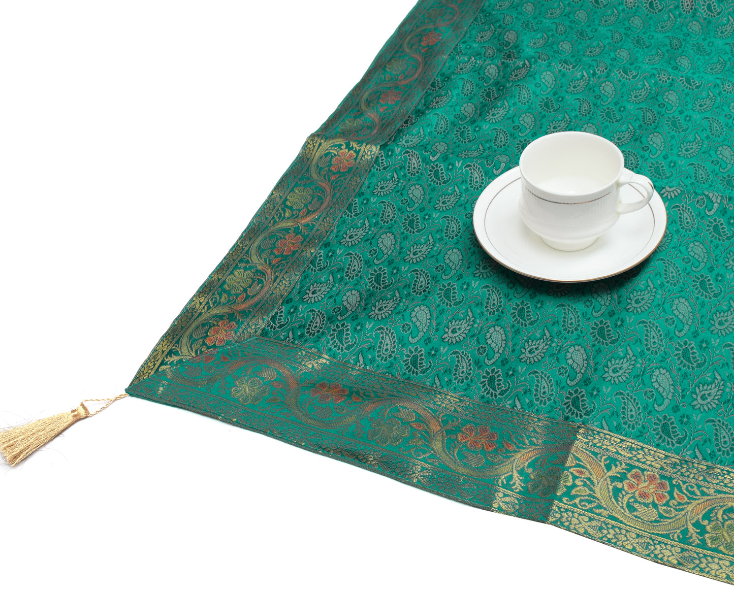 48 Inch Square Table Top Cover Teal Green Woven Zari Border Silk Brocade Cloth