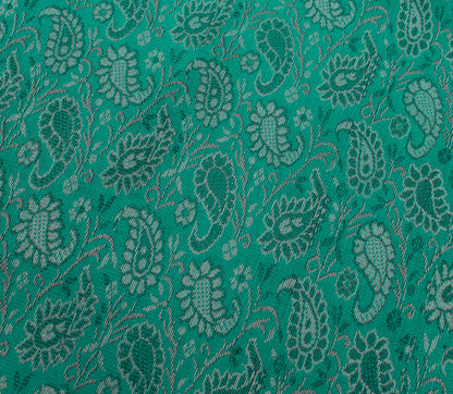 48 Inch Square Table Top Cover Teal Green Woven Zari Border Silk Brocade Cloth