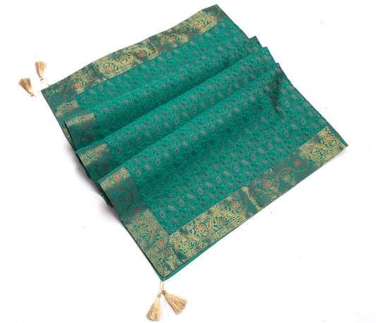 48 Inch Square Table Top Cover Teal Green Woven Zari Border Silk Brocade Cloth