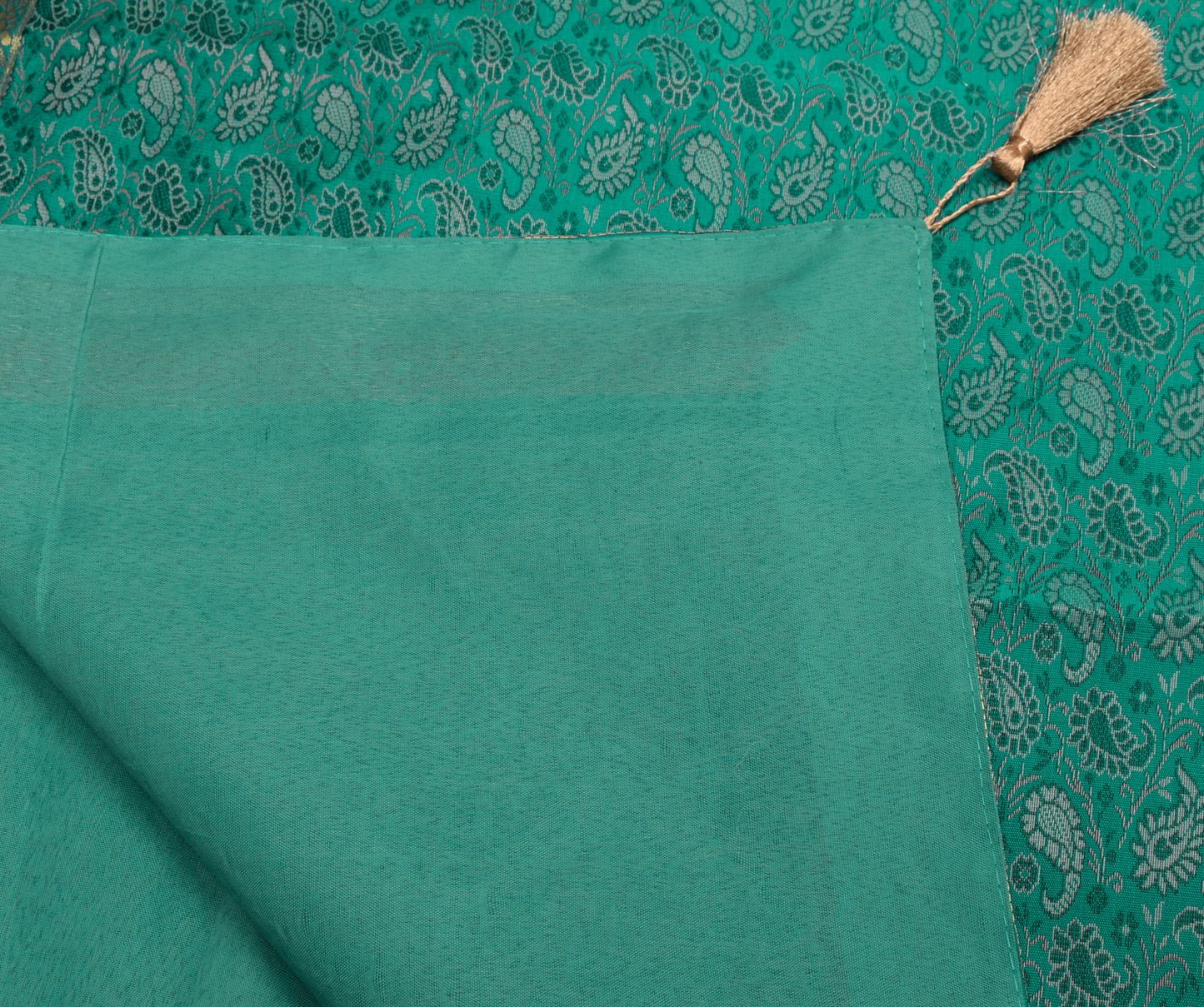 48 Inch Square Table Top Cover Teal Green Woven Zari Border Silk Brocade Cloth