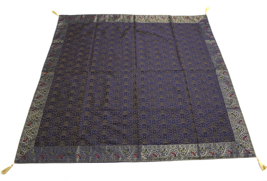 48 Inch Square Table Top Cover Blue Woven Zari Border Silk Brocade Cloth