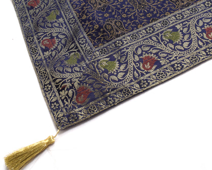 48 Inch Square Table Top Cover Blue Woven Zari Border Silk Brocade Cloth