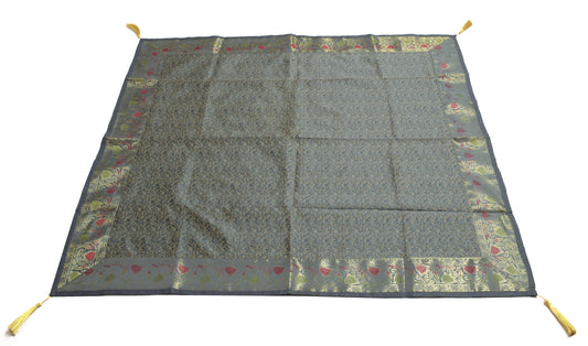 48 Inch Square Table Top Cover Gray Woven Zari Border Silk Brocade Cloth