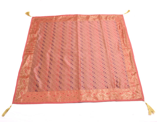 48 Inch Square Table Top Cover Peach Woven Zari Border Silk Brocade Cloth