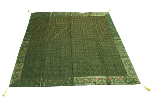 48 Inch Square Table Top Cover Green Woven Zari Border Silk Brocade Cloth