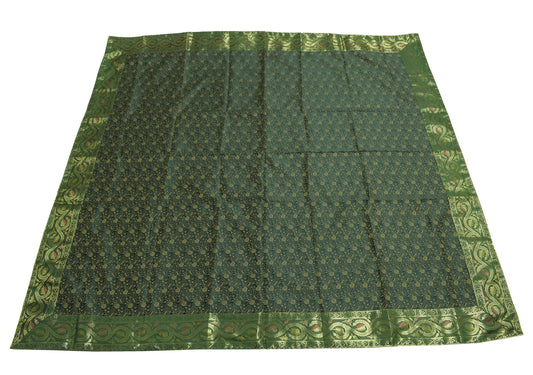 48 Inch Square Table Top Cover Dark Green Woven Zari Border Silk Brocade Cloth