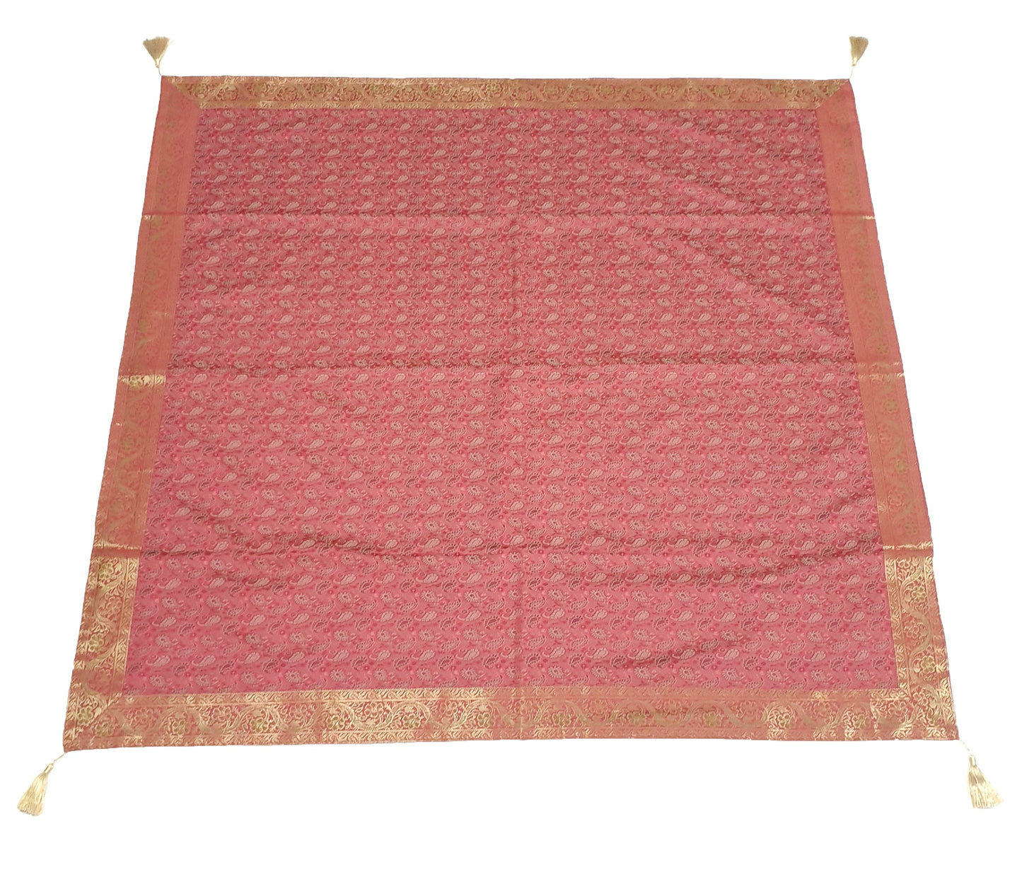 48" Square Banarasi Dining Table Top Cover Indian Silk Woven Paisley Pink Cloth