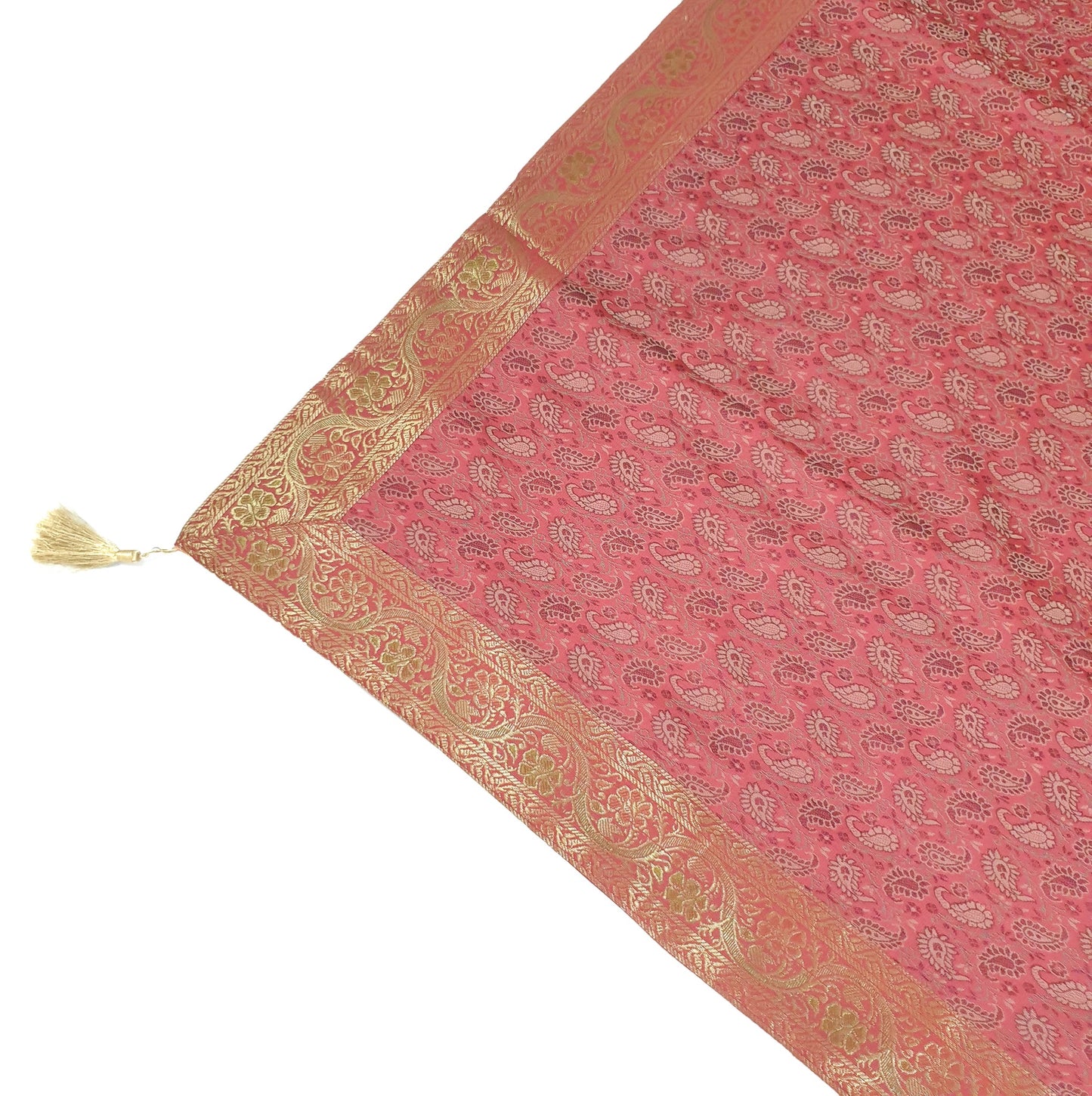 48" Square Banarasi Dining Table Top Cover Indian Silk Woven Paisley Pink Cloth