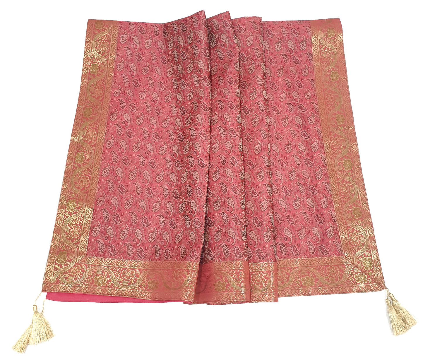 48" Square Banarasi Dining Table Top Cover Indian Silk Woven Paisley Pink Cloth