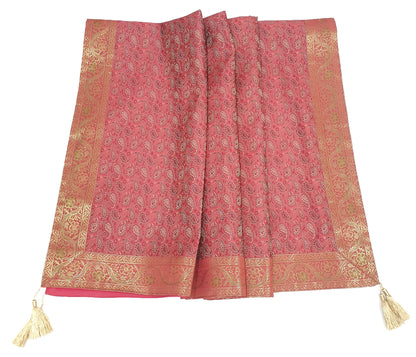 48" Square Banarasi Dining Table Top Cover Indian Silk Woven Paisley Pink Cloth