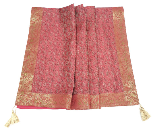 48" Square Banarasi Dining Table Top Cover Indian Silk Woven Paisley Pink Cloth