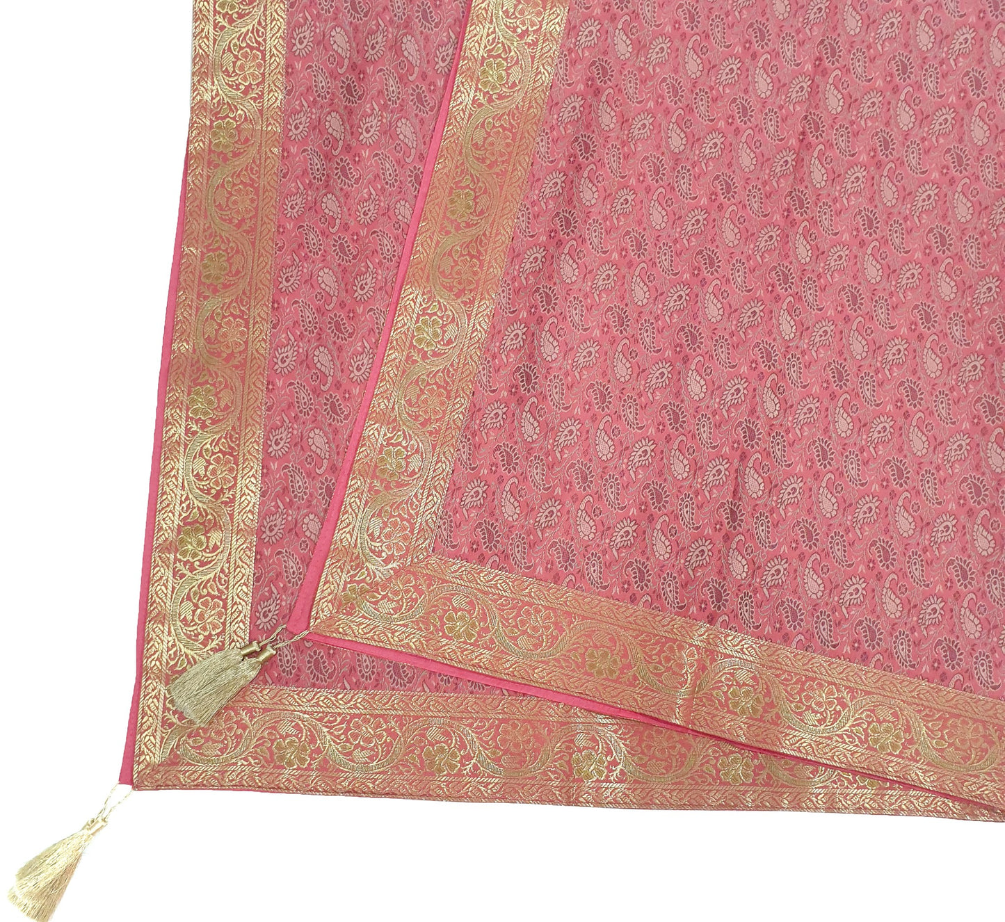 48" Square Banarasi Dining Table Top Cover Indian Silk Woven Paisley Pink Cloth
