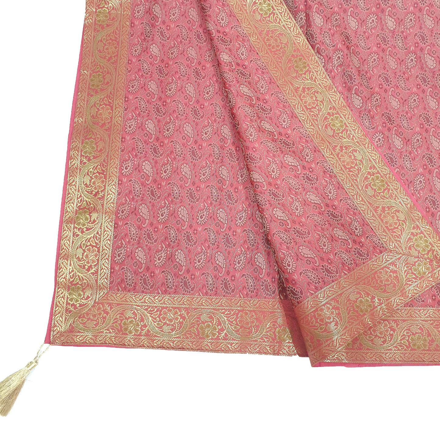48" Square Banarasi Dining Table Top Cover Indian Silk Woven Paisley Pink Cloth