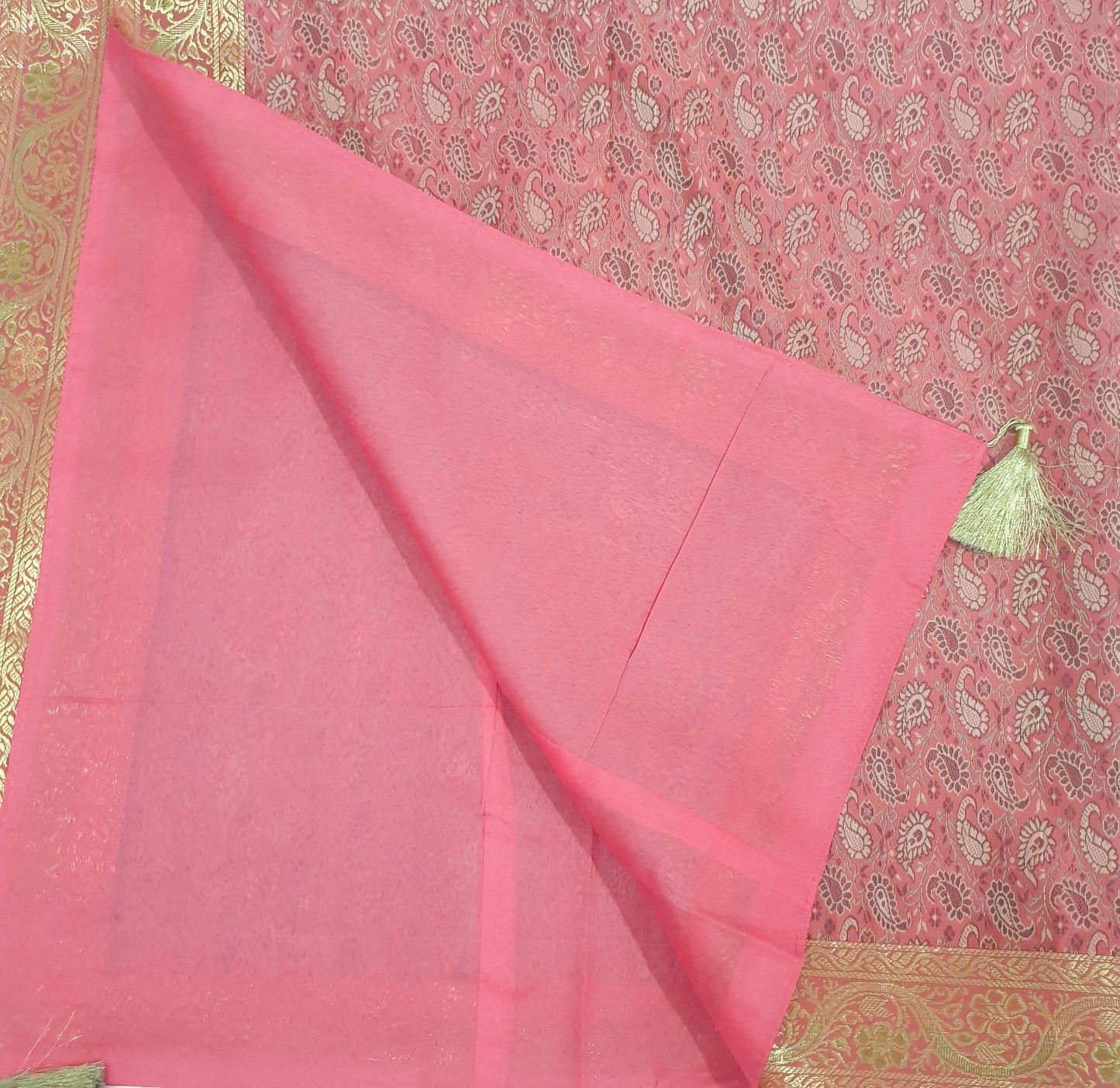 48" Square Banarasi Dining Table Top Cover Indian Silk Woven Paisley Pink Cloth