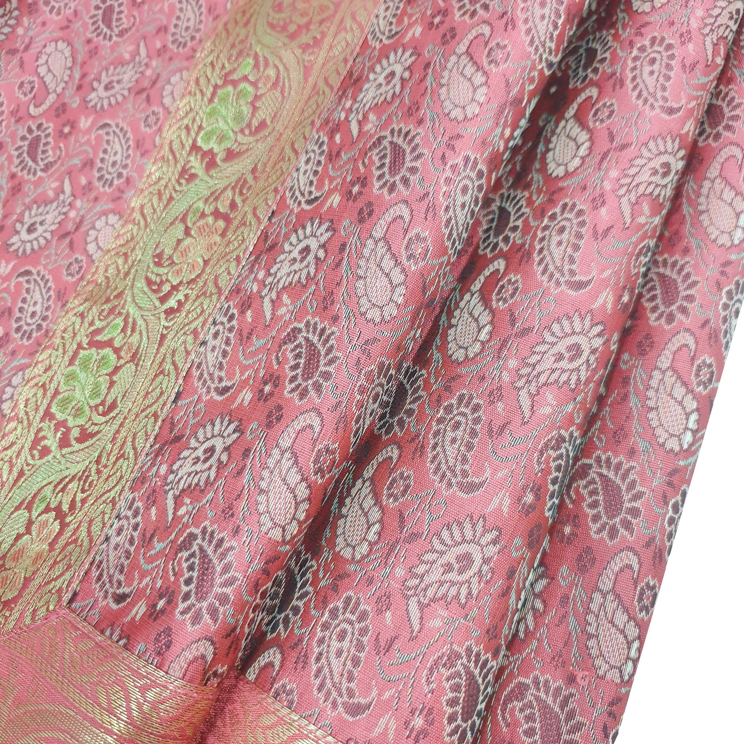 48" Square Banarasi Dining Table Top Cover Indian Silk Woven Paisley Pink Cloth