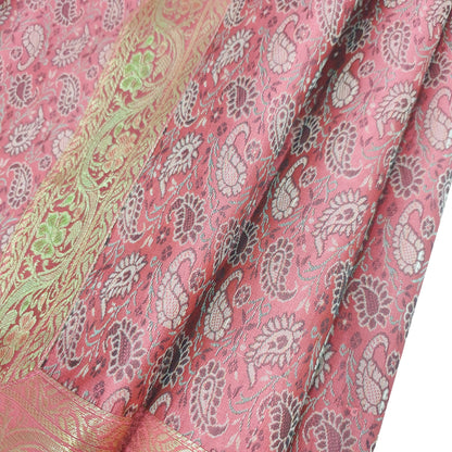48" Square Banarasi Dining Table Top Cover Indian Silk Woven Paisley Pink Cloth