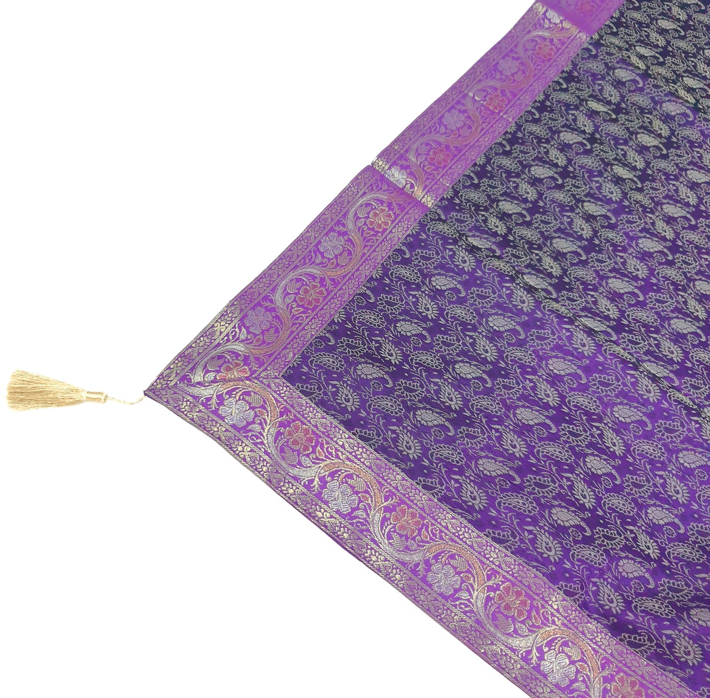 48"Square Banarasi Dining Table Top Cover Purple Indian Silk Woven Paisley Cloth