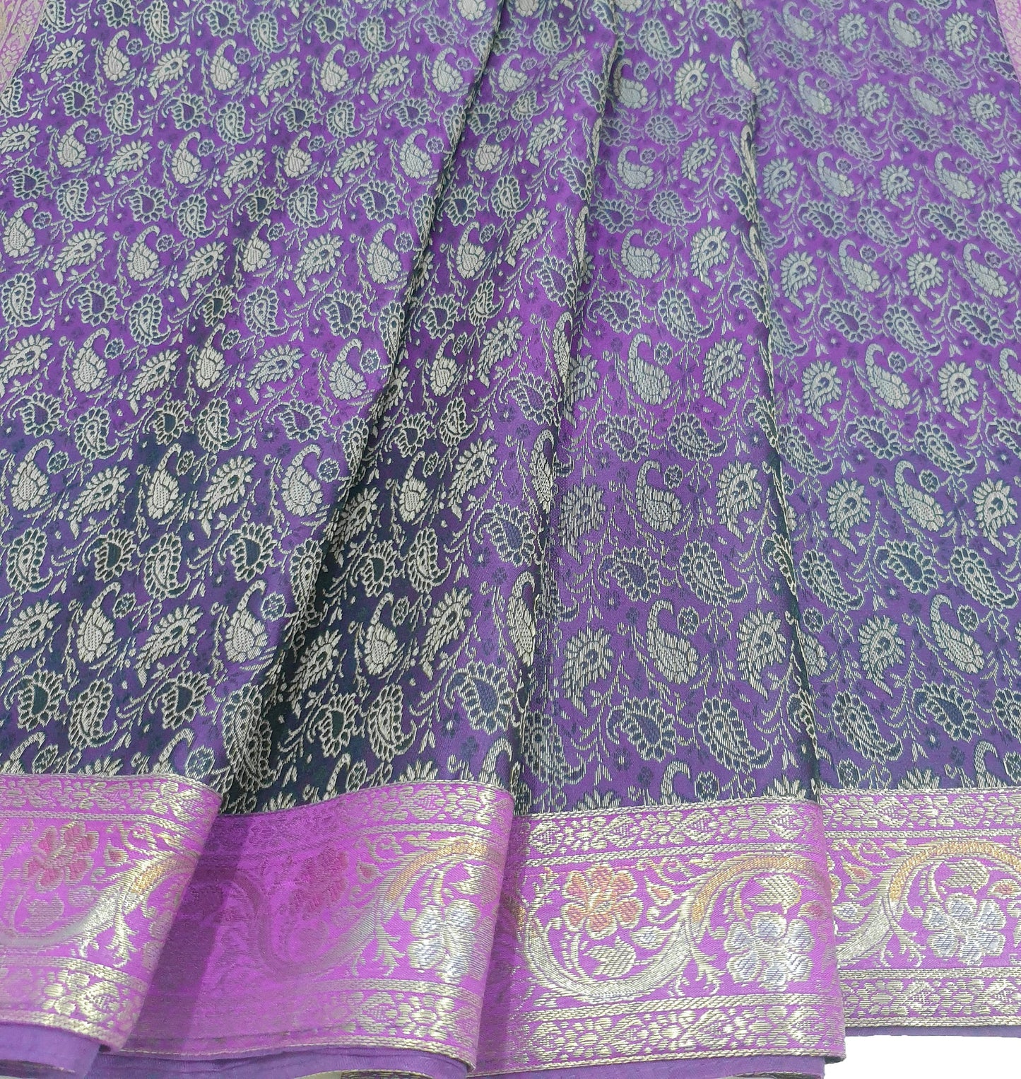 48"Square Banarasi Dining Table Top Cover Purple Indian Silk Woven Paisley Cloth