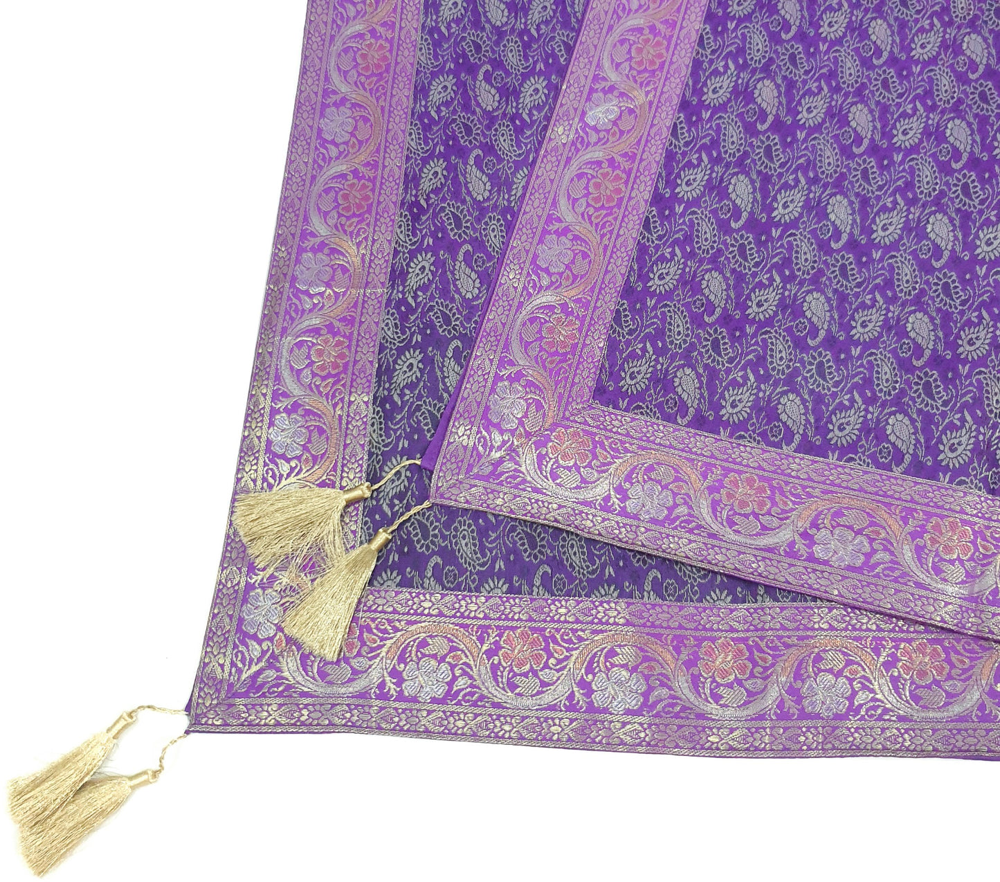 48"Square Banarasi Dining Table Top Cover Purple Indian Silk Woven Paisley Cloth