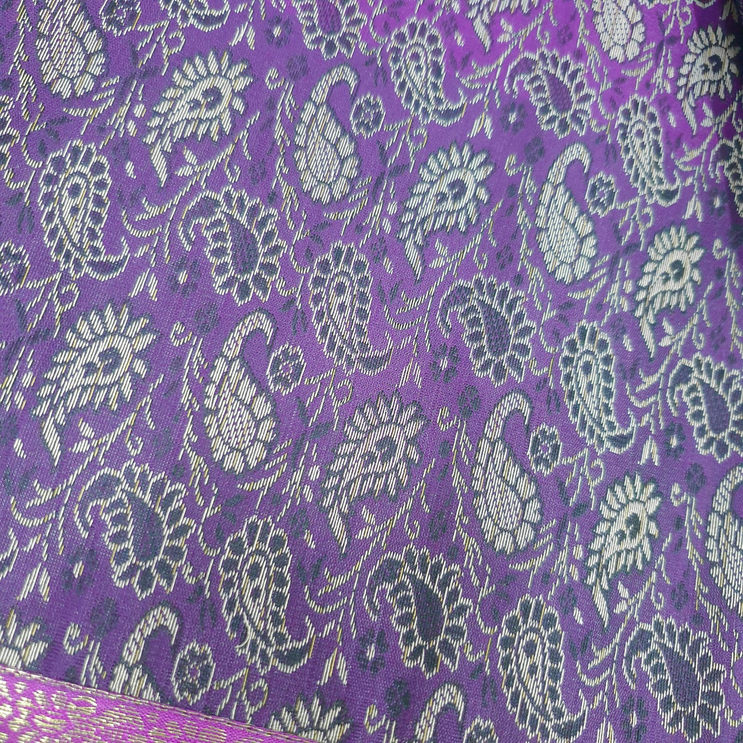 48"Square Banarasi Dining Table Top Cover Purple Indian Silk Woven Paisley Cloth