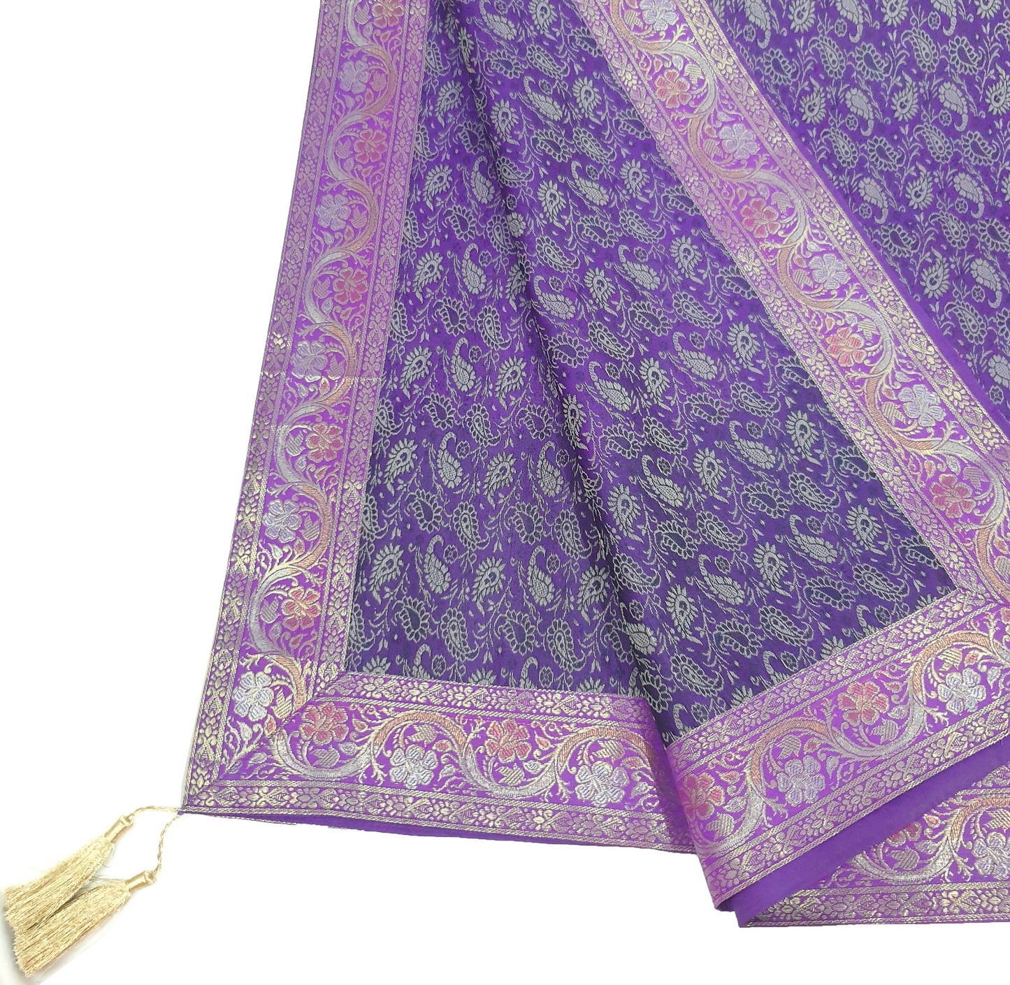 48"Square Banarasi Dining Table Top Cover Purple Indian Silk Woven Paisley Cloth