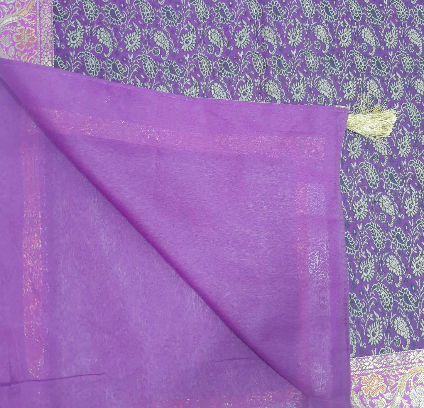 48"Square Banarasi Dining Table Top Cover Purple Indian Silk Woven Paisley Cloth