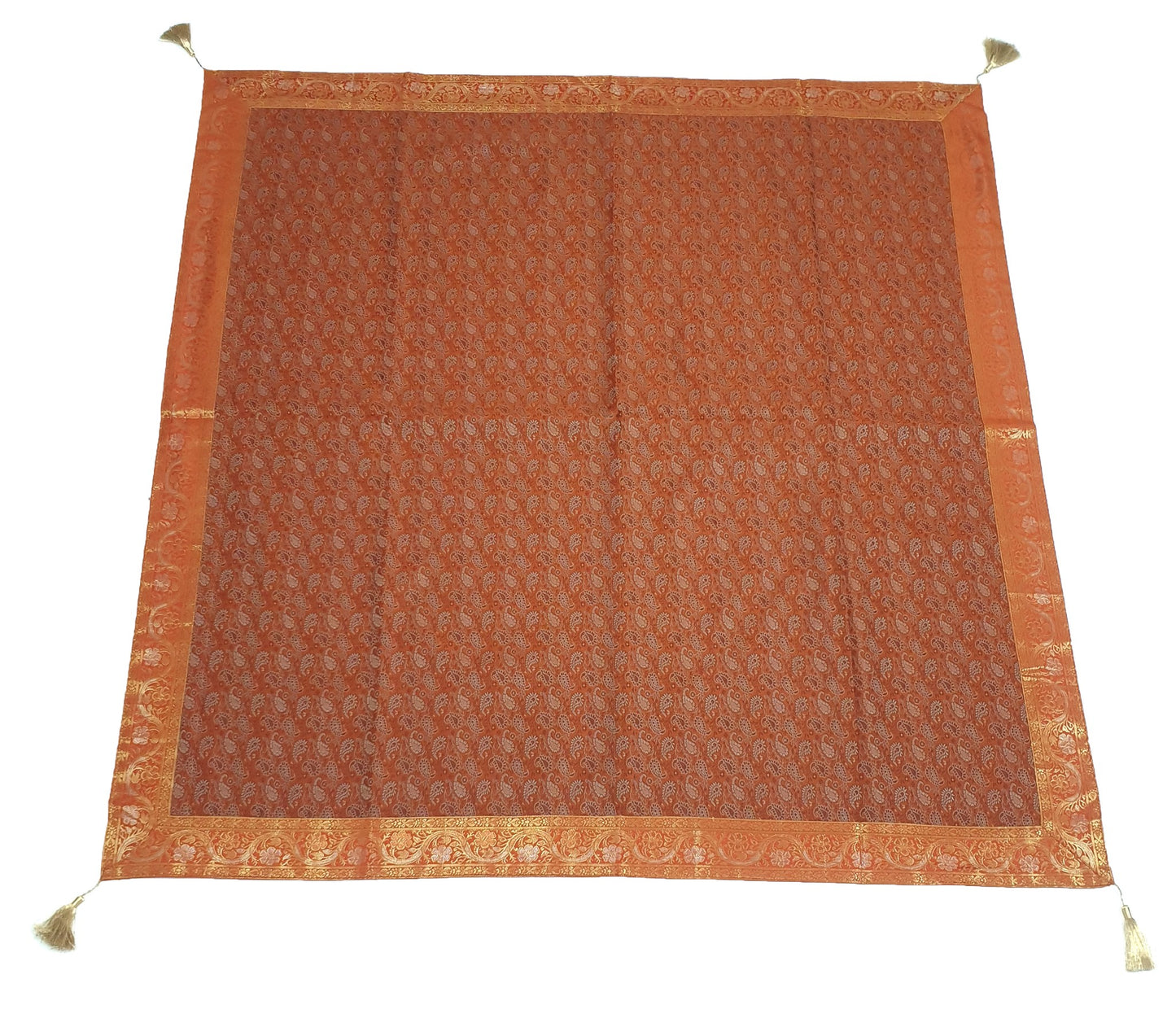 48"Square Banarasi Dining Table Top Cover Orange Indian Silk Woven Paisley Cloth