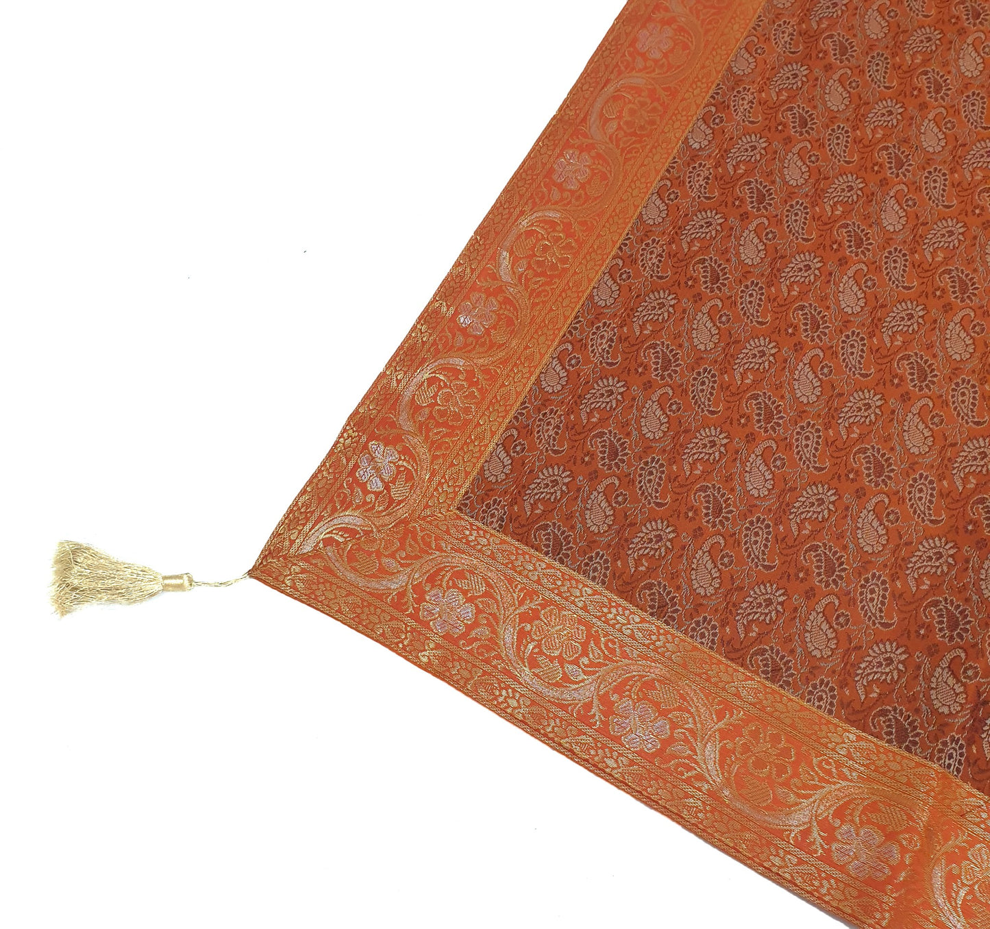 48"Square Banarasi Dining Table Top Cover Orange Indian Silk Woven Paisley Cloth